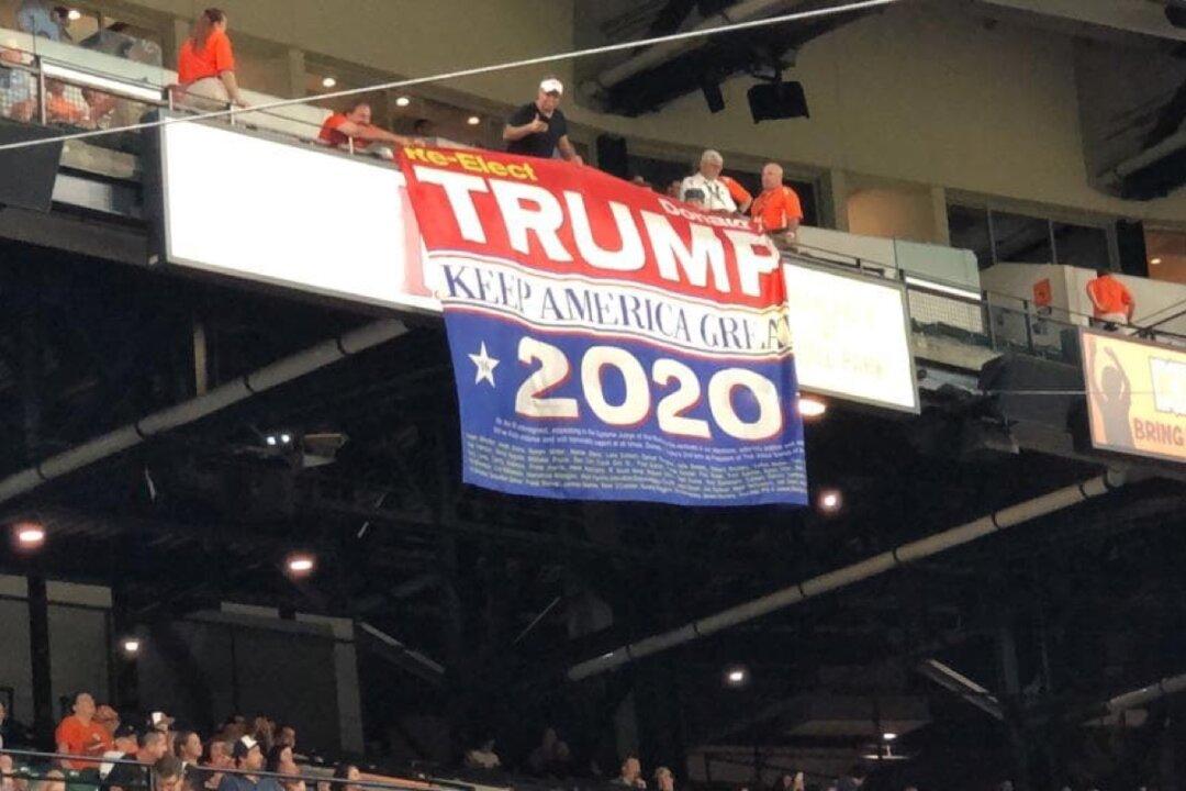 Trump Supporters Display Huge Re-Elect Trump 2020 Banner at Baltimore Orioles Game