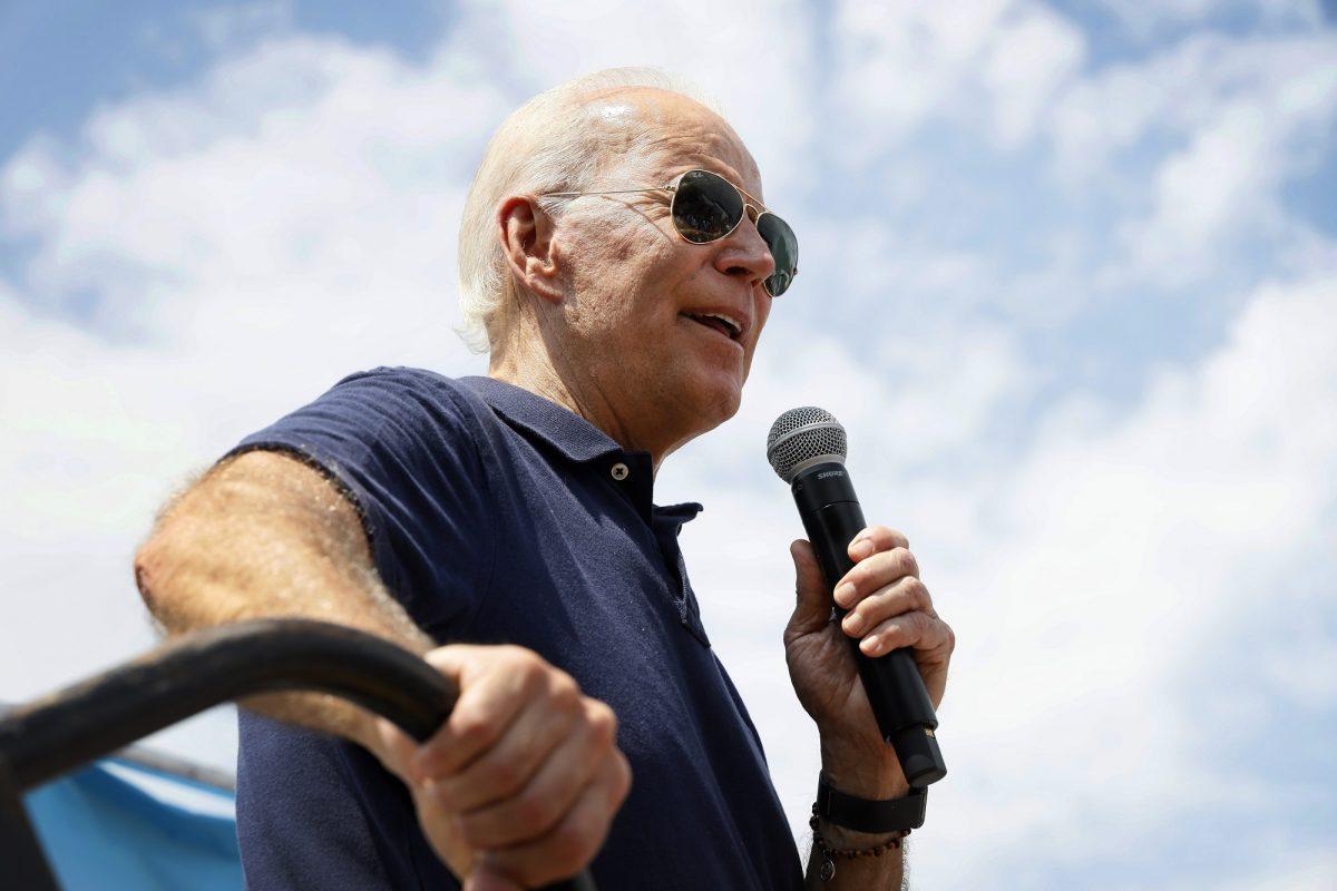 Democratic presidential candidate former Vice President Joe Biden speaks at the Des Moines Register Soapbox during a visit to the Iowa State Fair in Des Moines, Iowa, on Aug. 8, 2019. (AP Photo/Charlie Neibergall)