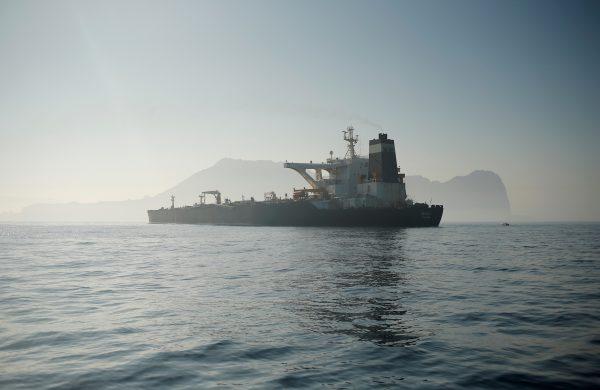 Iranian oil tanker Grace 1 sits anchored awaiting a court ruling on whether it can be freed after it was seized in July by British Royal Marines off the coast of the British Mediterranean territory, in the Strait of Gibraltar, southern Spain, on Aug. 15, 2019. (Reuters/Jon Nazca)