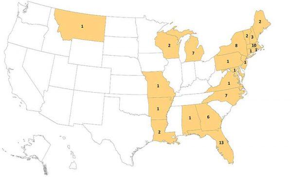 The Eastern equine encephalitis virus cases reported by state in the United States from 2009 through 2018. (Centers for Disease Control and Prevention)
