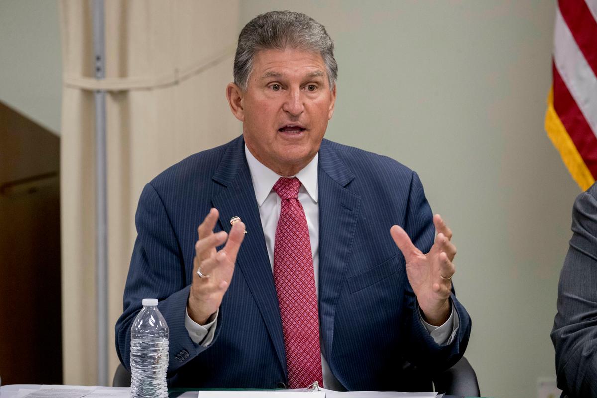 In this July 8, 2019, file photo, Sen. Joe Manchin, (D-W.Va.), speaks at a roundtable on the opioid epidemic at Cabell-Huntington Health Center in Huntington, West Virginia. (Andrew Harnik/AP Photo, File)