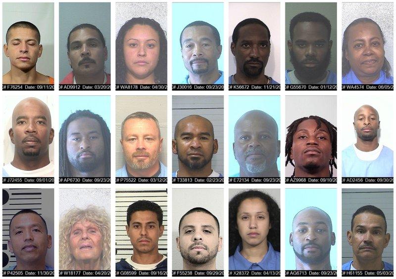 Inmates who were given commutation grants. TOP ROW: Alex Barajas (Santa Clara County), Jaime Cabrales (Los Angeles County), Cristina Chavez (Los Angeles County), Allen Burnett (Orange County), Andrew Crater (Sacramento County), Keefe Dashiell (Los Angeles County), Leonia Esteem (Riverside County); MIDDLE ROW: Jacoby Felix (Sacramento County), Dimitri Gales (Los Angeles County), Theodore Gray (Shasta County), Crystal Jones (Sacramento County), Marcus McJimpson (Fresno County), Adonis Muldrow (Santa Clara County), Maurice Nails (Alameda County); BOTTOM ROW: Alladin Pangilinan (Alameda County), Doris Roldan (Los Angeles County), Bryant Salas (Los Angeles County), Lazaro Tanori (Los Angeles County) Marsi Torres (Los Angeles County), Antonio Toy (Los Angeles County), Luis Velez (Sacramento County). (California Department of Corrections and Rehabilitation via AP)