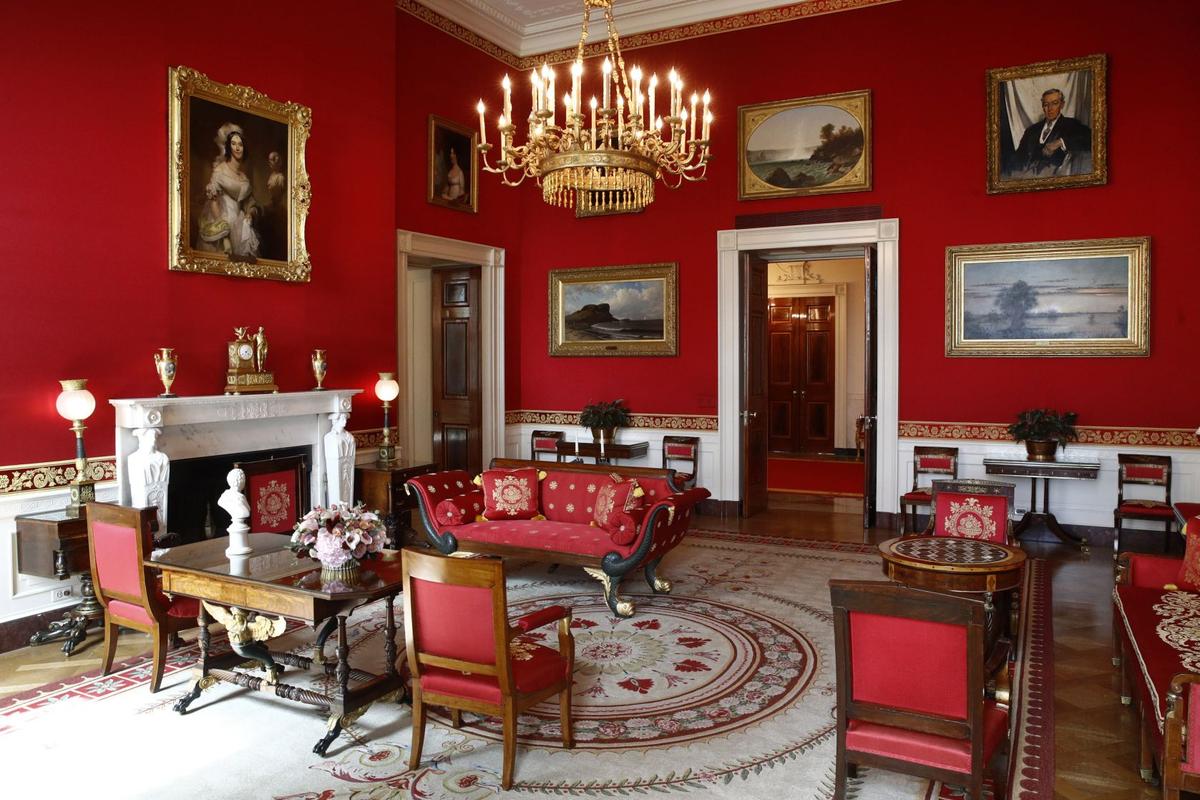 This Sept. 17, 2019, photo shows refreshed wall fabric in the Red Room of the White House in Washington. Sunlight streaming into the Red Room had left wall fabric "so faded it was almost pink," said Stewart McLaurin, president of the White House Historical Association. (Patrick Semansky/AP Photo)