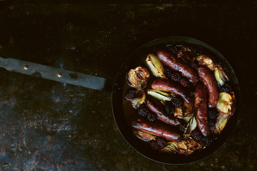 Baked Sausages, Apples, and Blackberries With Mustard and Maple Syrup