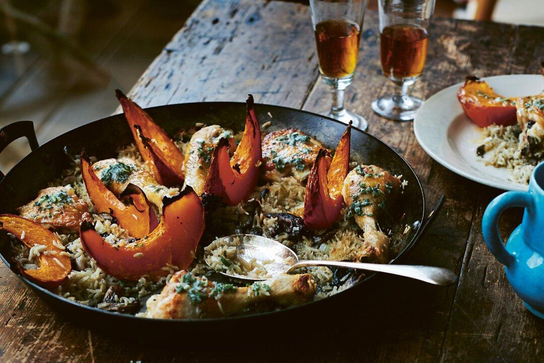 Chicken With Wild Mushrooms, Pumpkin, Rice, and Sage Butter