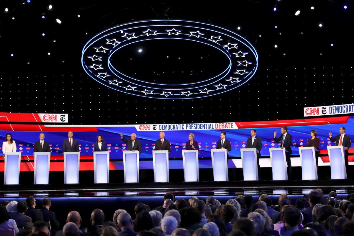 Democratic presidential candidates on stage at Otterbein University in Ohio on Oct. 15, 2019. (Win McNamee/Getty Images)