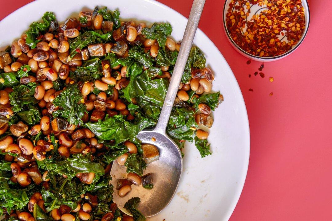 Mushroom Lardons With Black-Eyed Peas and Greens