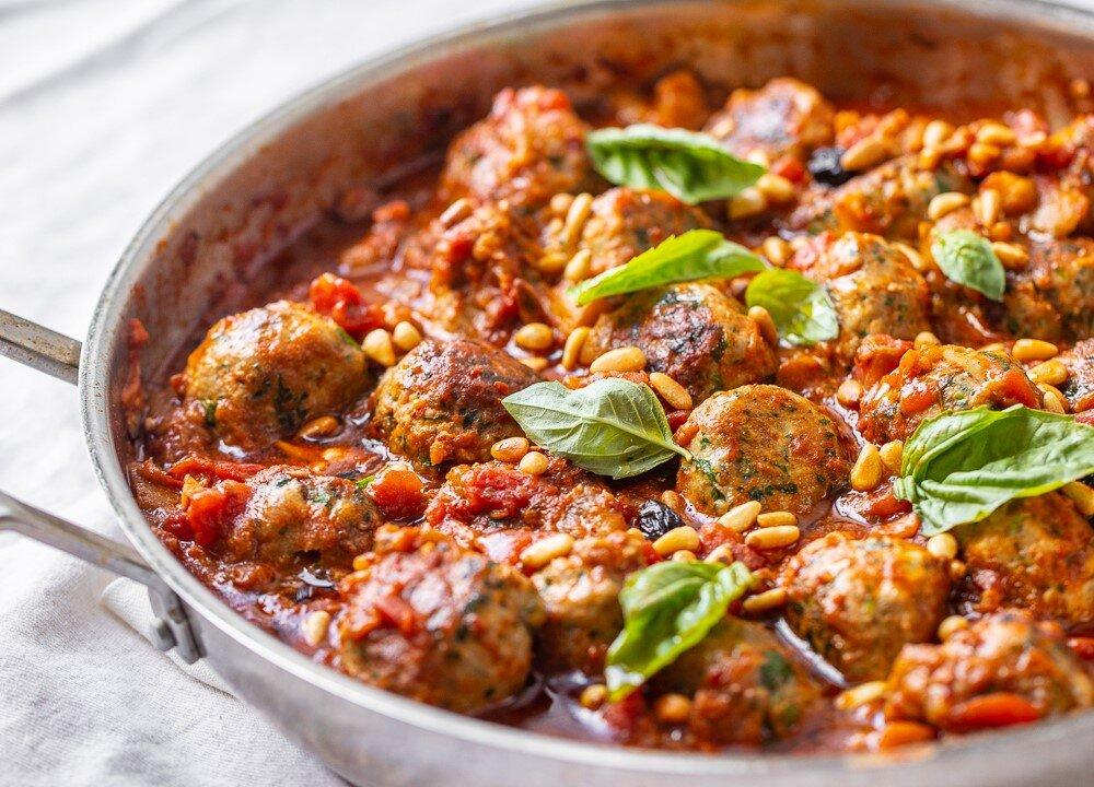 Tuna Meatballs in Tomato, Eggplant, and Harissa Sauce