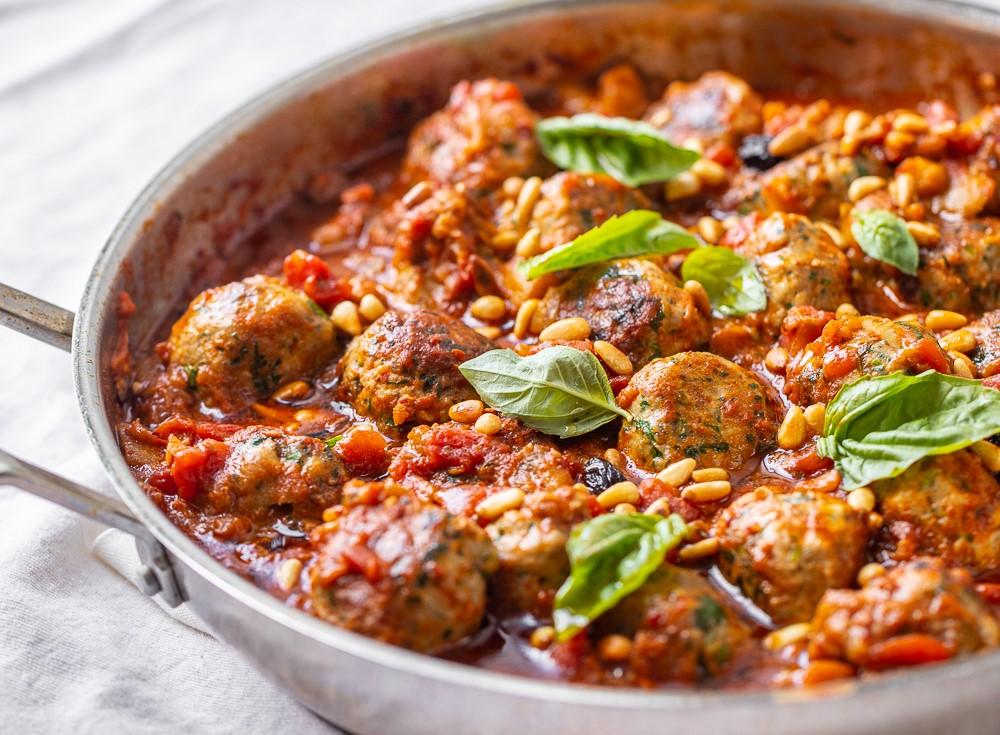Tuna Meatballs in Tomato, Eggplant, and Harissa Sauce
