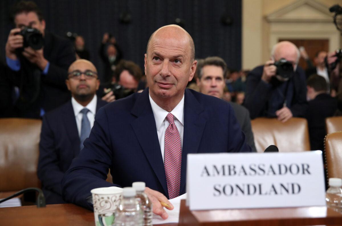 U.S. Ambassador to the European Union Gordon Sondland takes his seat to testify before a House Intelligence Committee hearing as part of the impeachment inquiry into President Donald Trump on Capitol Hill in Washington on Nov. 20, 2019. (Jonathan Ernst/Reuters)