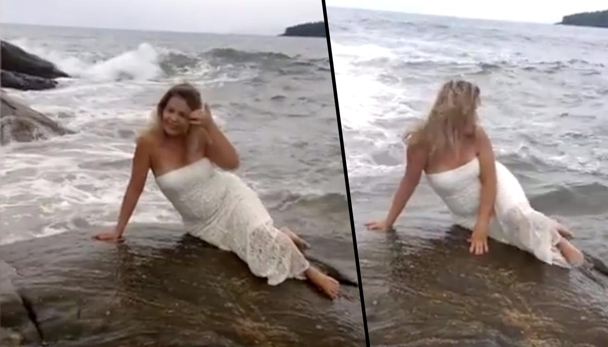 Wife Poses on Ocean Rock for the Perfect Photo–but Watch Closely What’s Coming Behind Her