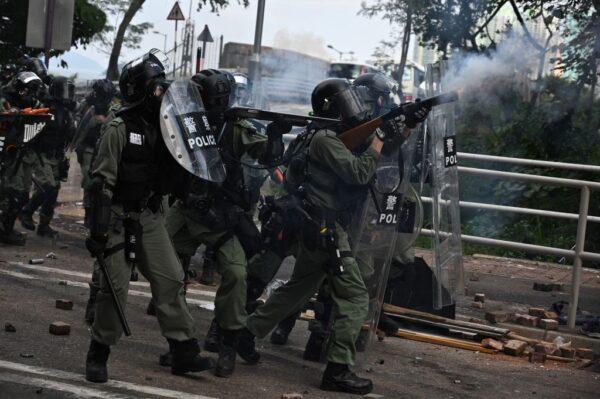 Police fire tear gas toward protesters at the Chinese University of Hong Kong (CUHK), in Hong Kong on Nov. 12, 2019. (Philip Fong/AFP via Getty Images)