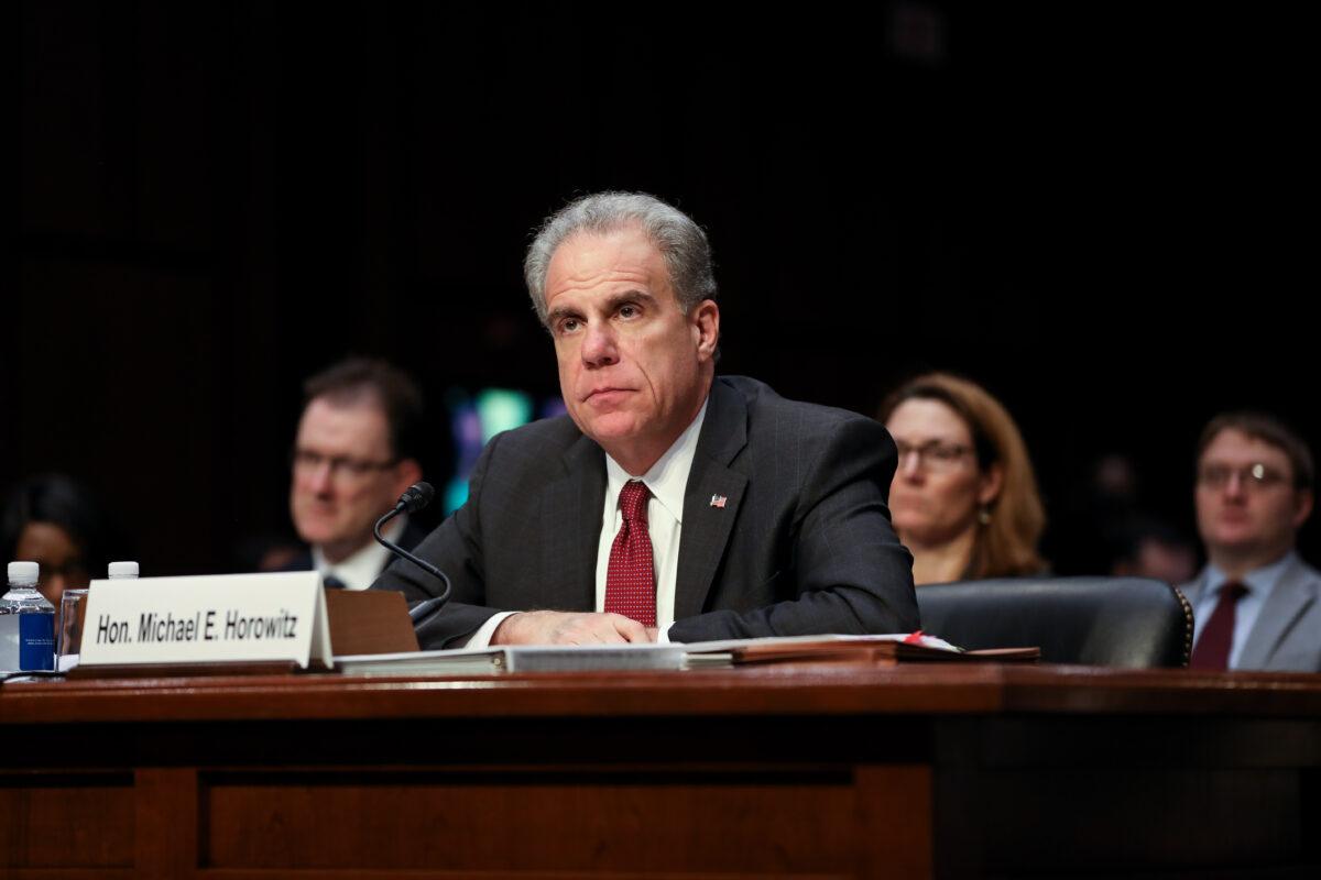 Department of Justice Inspector General Michael Horowitz testifies in front of the Senate Judiciary Committee in Washington on Dec. 11, 2019. (Charlotte Cuthbertson/The Epoch Times)