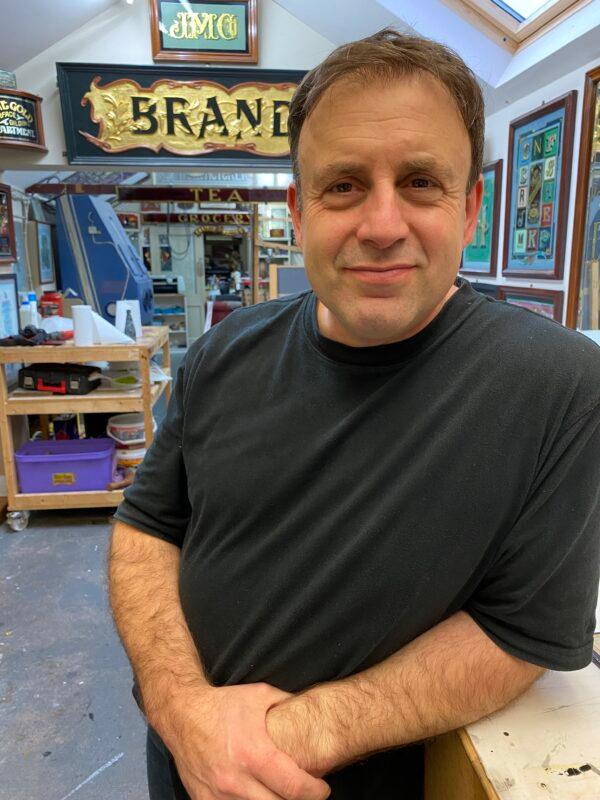Traditional ornamental glass artist David Adrian Smith in his workshop in Torquay, Devon, UK, on Jan. 13, 2020. (Hannah Smith)