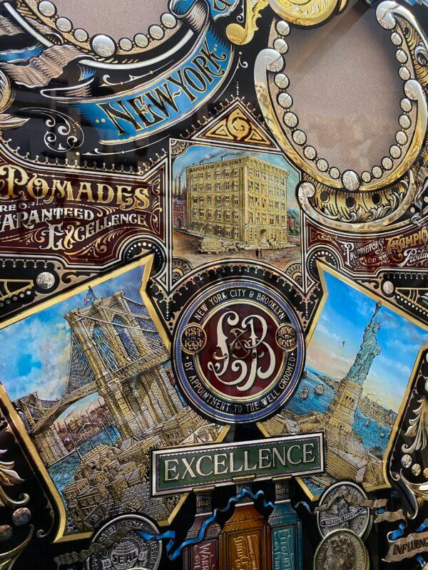 A detail of the glass panel that David Adrian Smith is making for the Ludlow Blunt hair salon. All the techniques of reverse glass painting can be seen on the pane. (Courtesy of David A. Smith)