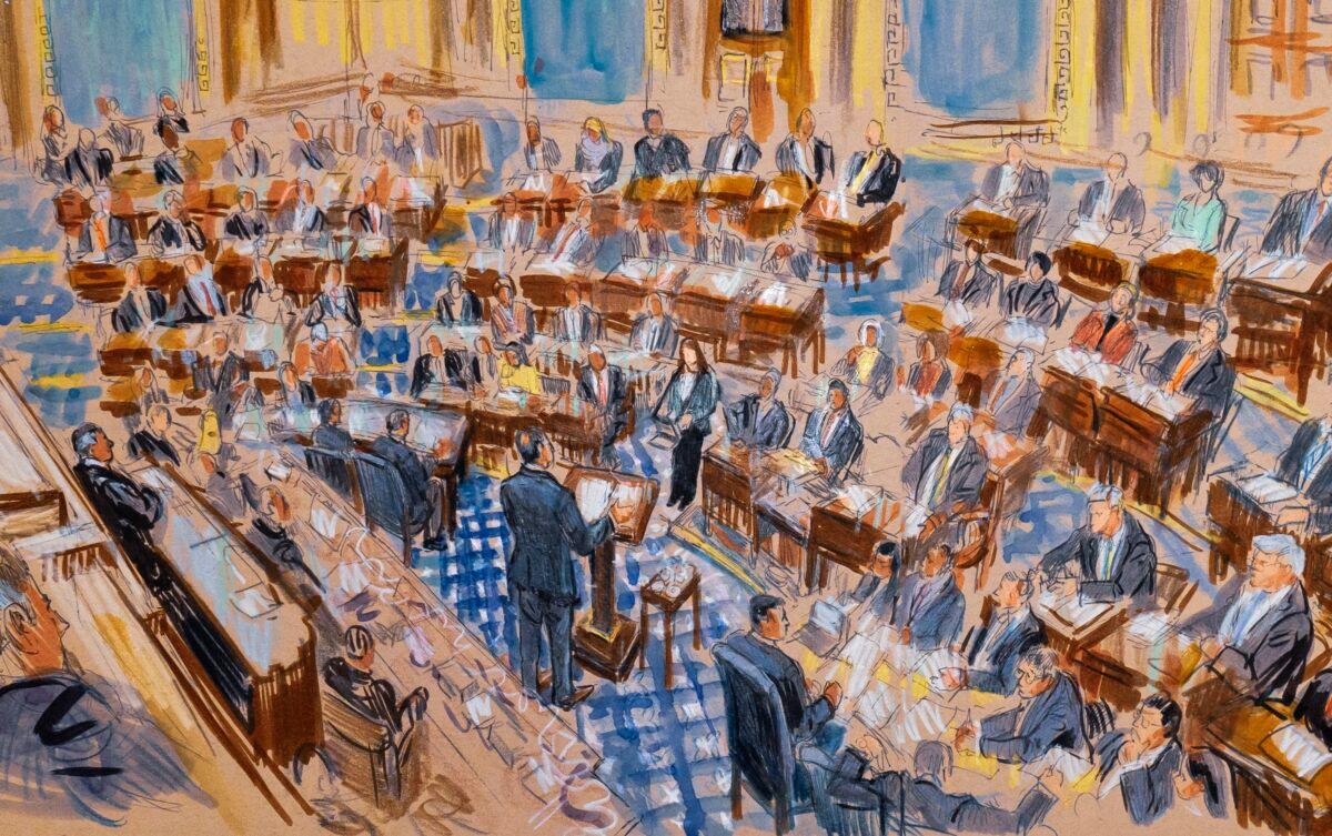 White House counsel Pat Cipollone speaking in the Senate chamber during the impeachment trial against President Donald Trump at the Capitol in Washington on Jan. 21, 2020. (Dana Verkouteren via AP)