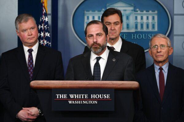 Secretary of Health and Human Services Alex Azar takes questions during a briefing with members of the president's CCP virus Task Force in Washington, on Jan. 31, 2020. (Andrew Caballero-Reynolds/AFP via Getty Images)