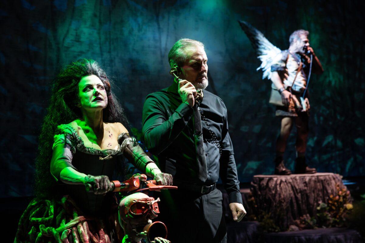 (L–R) Sin (Alison Fraser), Lucifer (David Andrew Macdonald), and Beelzebub (Lou Liberatore) making plans for mankind’s destruction. (Jeremy Daniel)
