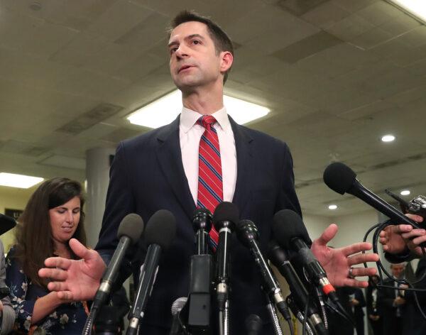 Sen. Tom Cotton (R-Ark.) speaks to the media after attending a briefing with administration officials about the situation with Iran, at the U.S. Capitol in Washington on Jan. 8, 2020. (Mark Wilson/Getty Images)