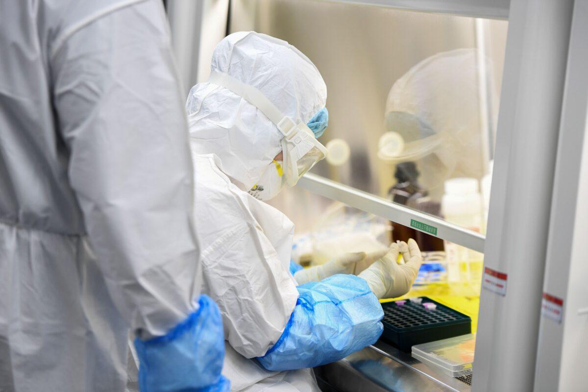 A laboratory technician working on samples from people to be tested for the new coronavirus at "Fire Eye" laboratory in Wuhan, China on Feb. 6, 2020. (STR/AFP via Getty Images)