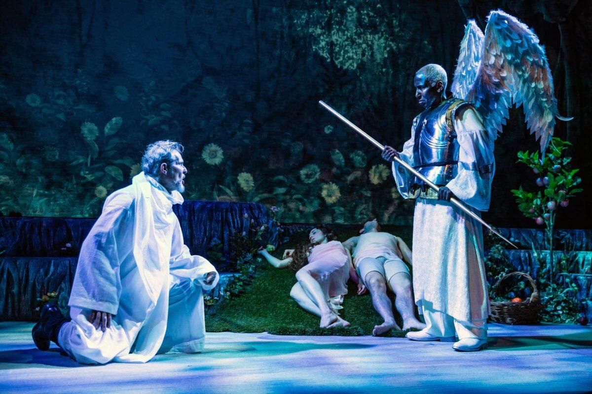 David Andrew Macdonald as Lucifer (L) and Mel Johnson Jr. as the angel Gabriel; behind them, Marina Shay and Robbie Simpson are Eve and Adam. (Jeremy Daniel)