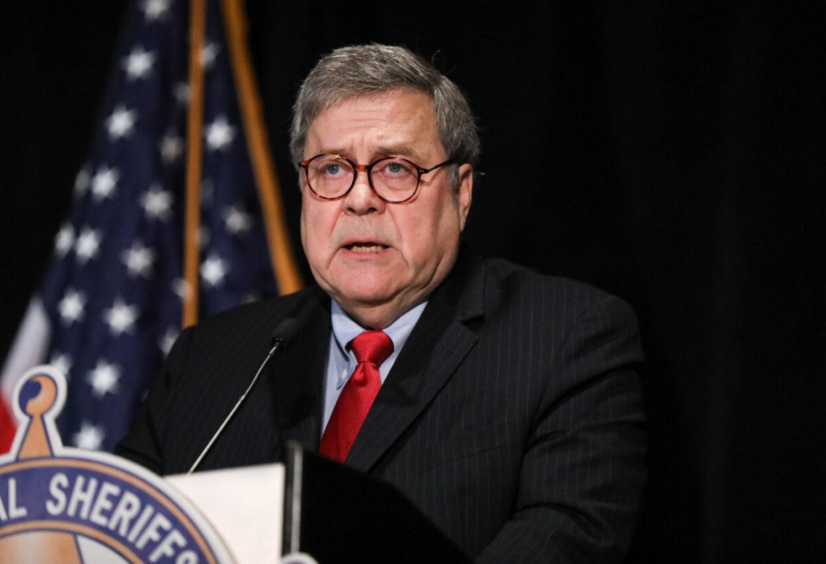 Attorney General William Barr speaks at the National Sheriffs’ Association conference in Washington on Feb. 10, 2020. (Charlotte Cuthbertson/The Epoch Times)