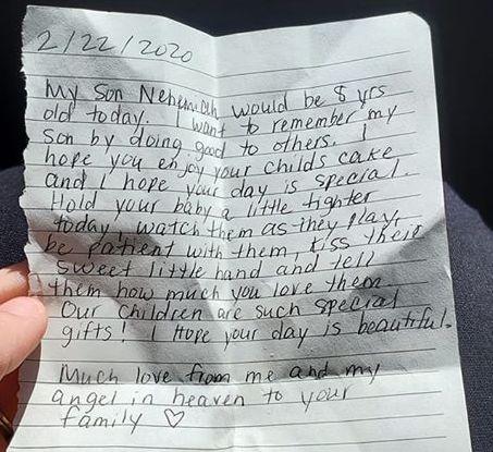 The heartwarming note that left Holly teary-eyed. (Photo courtesy of <a href="https://www.facebook.com/holly.grimet">Holly Grimet</a>)