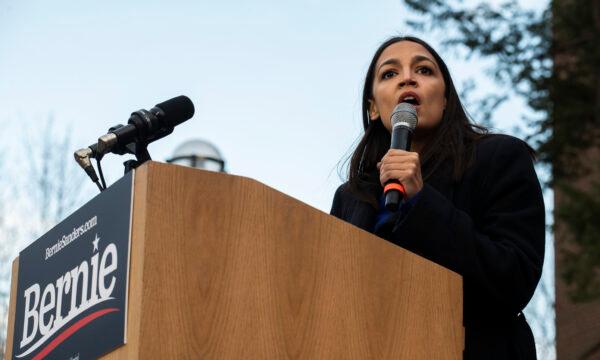 Rep. Alexandria Ocasio-Cortez (D-N.Y.) addresses supporters during a campaign rally for Democratic presidential candidate Sen. Bernie Sanders in Ann Arbor, Mich., on March 8, 2020. (Brittany Greeson/Getty Images)