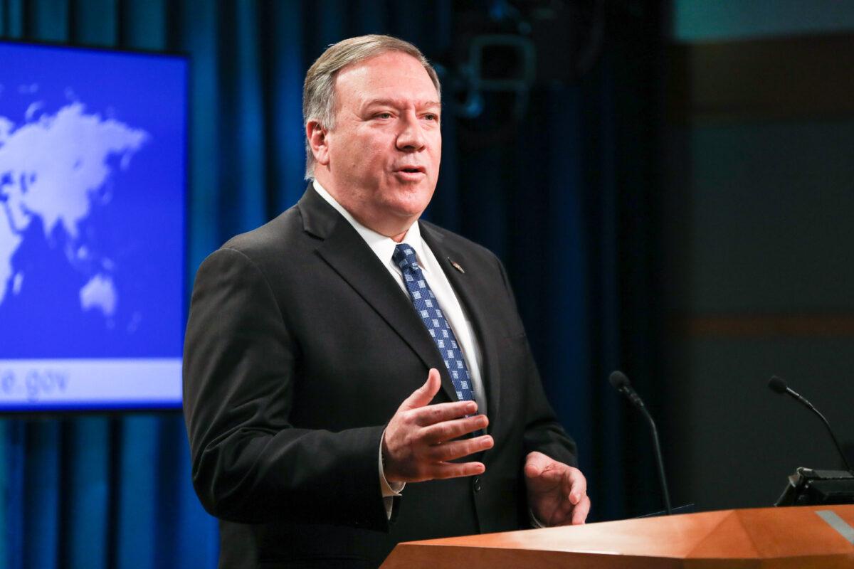 Secretary of State Mike Pompeo holds a press briefing at the State Department in Washington on Jan. 7, 2020. (Charlotte Cuthbertson/The Epoch Times)