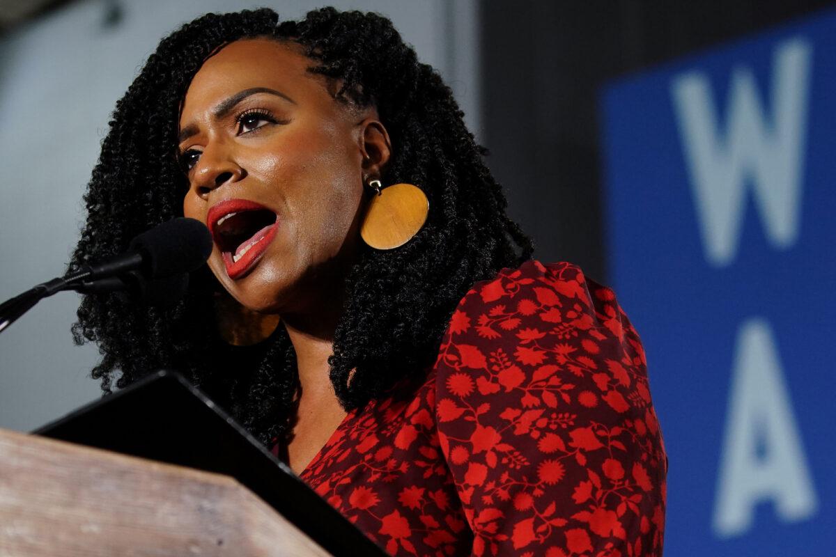 Rep. Ayanna Pressley (D-Mass.) speaks at a campaign event in Atlanta, Ga., on Nov. 21, 2019. (Elijah Nouvelage/Getty Images)