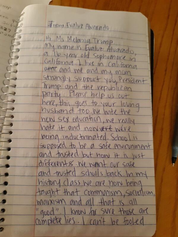 The first page of a campaign letter from 16-year-old student Evaluz Alvarado expressing concern to Melania Trump. (America Figueroa/February 2020)
