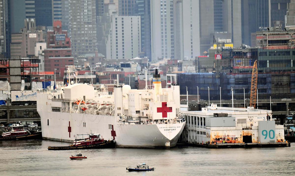 Navy Hospital Ship USNS Comfort docks at Pier 90 on the Hudson River as the coronavirus pandemic continues to overwhelm medical infrastructure seen from West New York, New Jersey, on March 30, 2020. (Michael Loccisano/Getty Images)