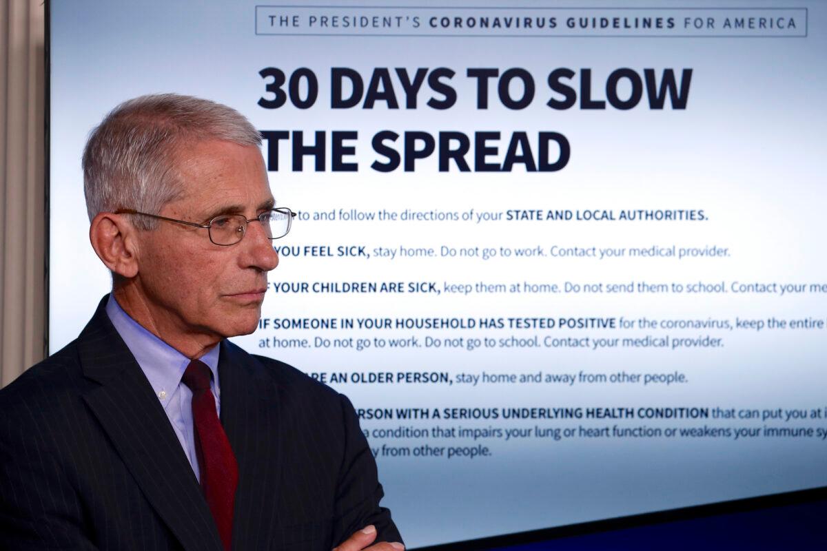 Dr. Anthony Fauci, director of the National Institute of Allergy and Infectious Diseases, listens as President Donald Trump speaks about COVID-19 at the White House, in Washington, DC, on March 31, 2020. (AP Photo/Alex Brandon)