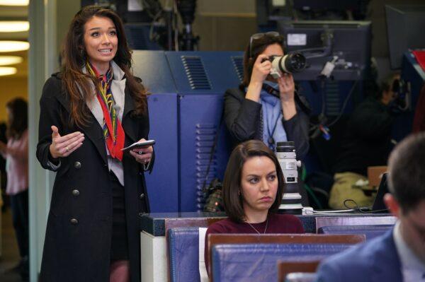 One America News Network correspondent Chanel Rion asks a question during a briefing by President Donald Trump on the CCP virus in the Brady Briefing Room at the White House in Washington on April 1, 2020. (Mandel Ngan/AFP via Getty Images)
