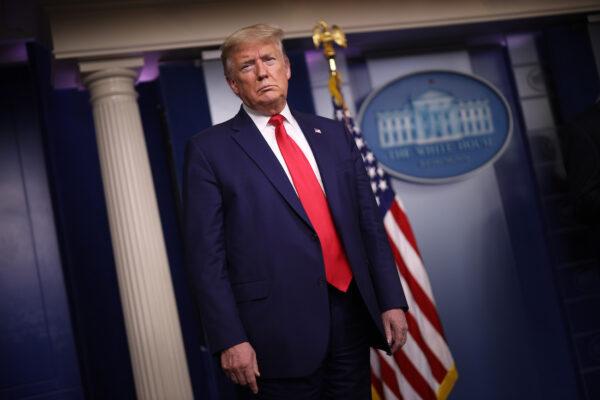 President Donald Trump in the press briefing room with members of the White House Coronavirus Task Force in Washington on April 3, 2020. (Win McNamee/Getty Images)