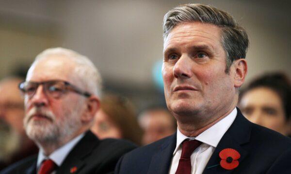 Labour leader Jeremy Corbyn (L) and Sir Keir Starmer, shadow secretary of state for exiting the EU, look on prior to delivering a Brexit speech at the Harlow Hotel in Harlow, England, on Nov. 5, 2019. (Dan Kitwood/Getty Images)