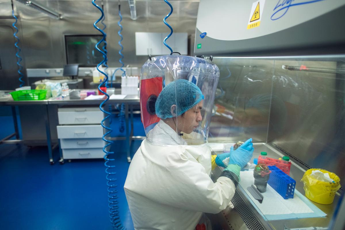 A worker is seen inside the P4 laboratory in Wuhan, capital of China's Hubei province, on Feb. 23, 2017. (Johannes Eisele/AFP via Getty Images)