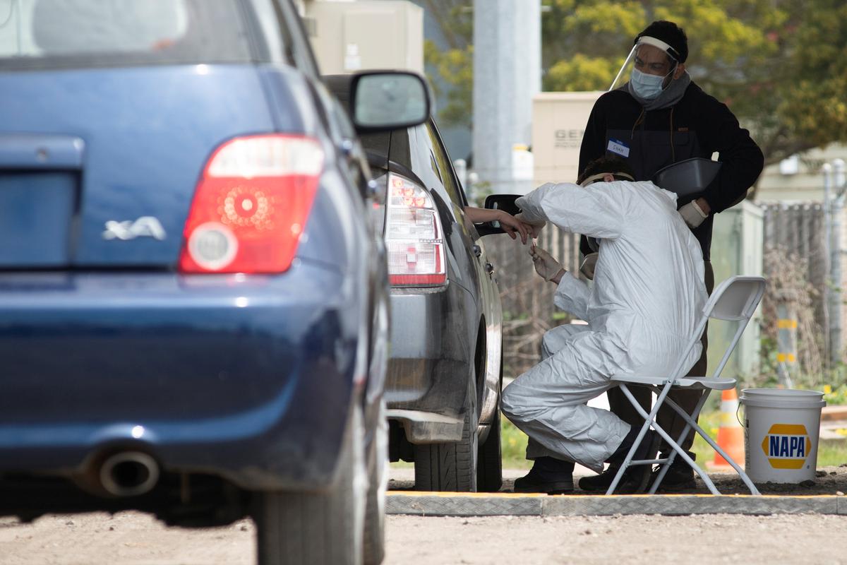 Medical professionals conduct tests for COVID-19 in Bolinas, where all residents are being tested for the CCP virus and its antibodies, in Bolinas, Calif., on April 20, 2020. (Kate Munsch/Reuters)