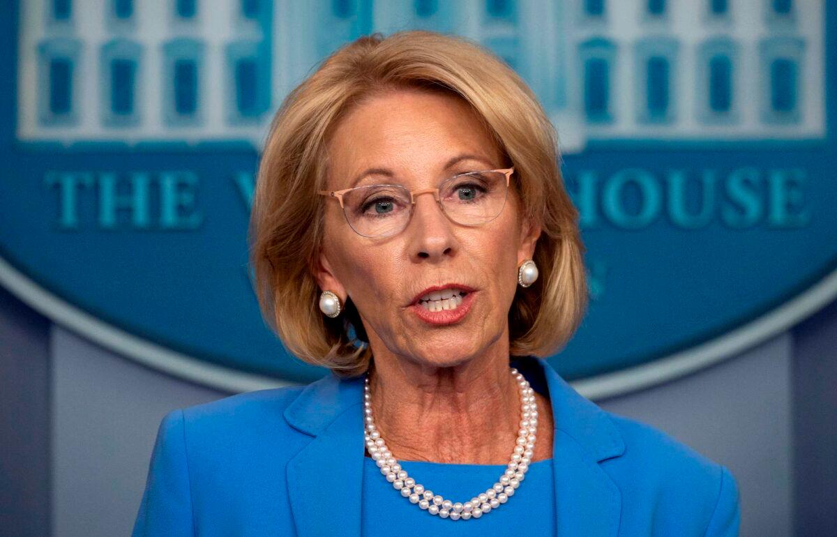 Secretary of Education Betsy Devos speaks during a White House briefing on March 27, 2020. (Jim Watson/AFP via Getty Images)