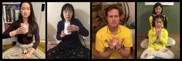 A composite image of people participating in the online candle vigil to commemorate the persecution of Falun Gong practitioners in China, on April 23, 2020. (Composition by Epoch Times/Courtesy of Tuidang Center)
