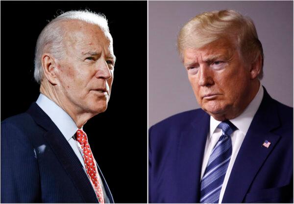 (L) Former Vice President Joe Biden speaks in Wilmington, Del., on March 12, 2020, and (R) President Donald Trump speaks at the White House on April 5, 2020. (AP Photo)