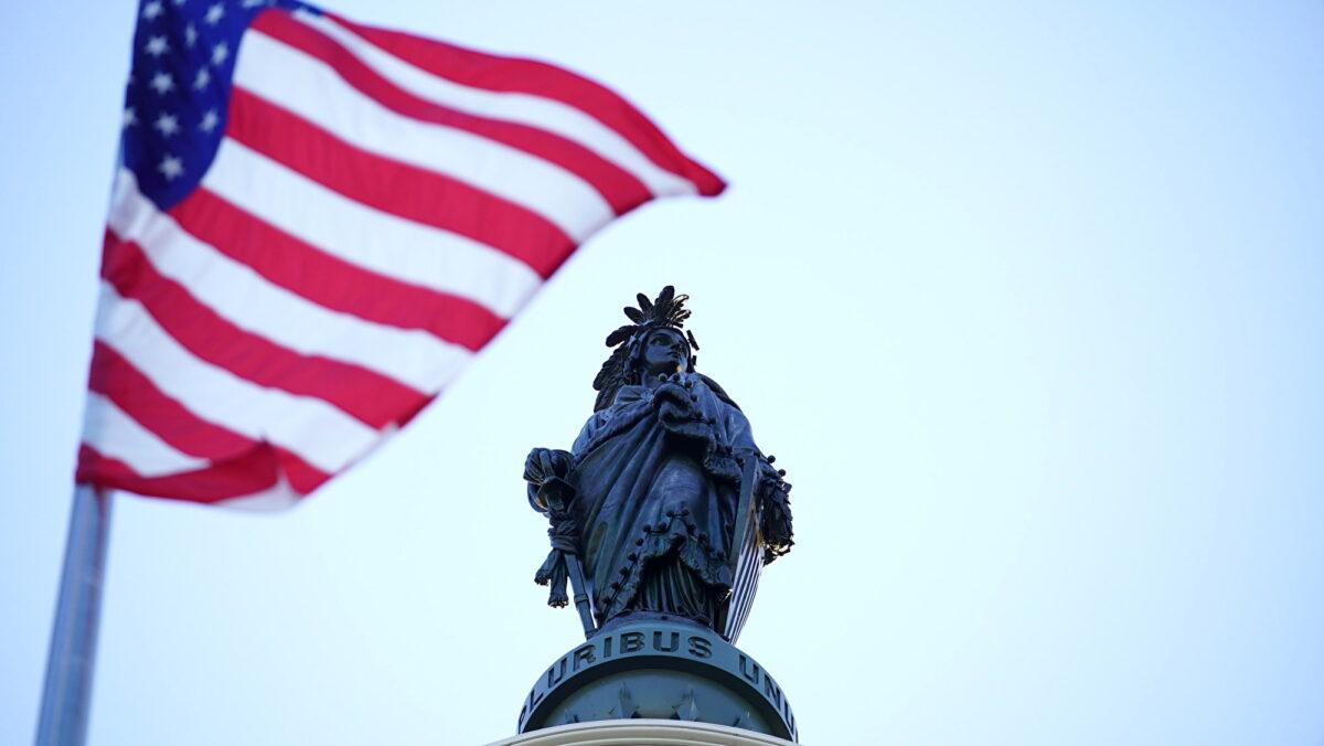 The U.S. flag that flew in honor of World Falun Dafa Day in front of the Capitol building in Washington on May 13, 2020. (York Du/The Epoch Times)