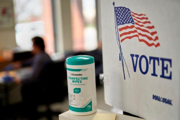 File photo of a voting booth in Lincoln, Neb., on April 14, 2020. (Nati Harnik/AP Photo)