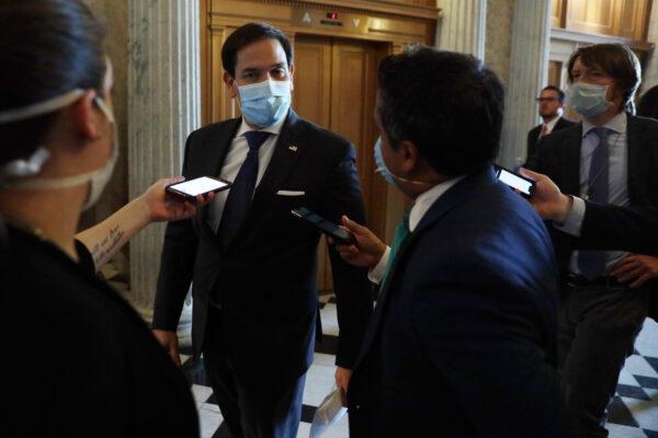Sen. Marco Rubio (R-Fla.) speaks to the press as he arrives for a vote on the USA Freedom Reauthorization Act (FISA) at the U.S. Capitol in Washington on May 14, 2020. (Alex Wong/Getty Images)