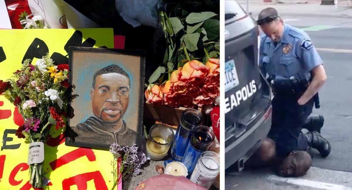(L) A memorial outside Cub Foods, where George Floyd was killed in police custody, in Minneapolis, Minn., on May 28, 2020. (Stephen Maturen/Getty Images) (R) Minneapolis officer Derek Chauvin kneeling on the neck of George Floyd, in Minneapolis, Minn., on May 25, 2020. (Darnella Frazier/AP)