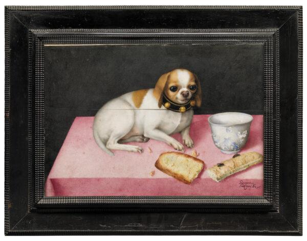 Lapdog with biscotti and a Chinese cup, circa 1648, by Giovanna Garzoni. Tempera on parchment; 10 7/8 inches by 15 1/2 inches. Palatine Gallery, The Uffizi Galleries, Florence. (The Uffizi Galleries, Florence)