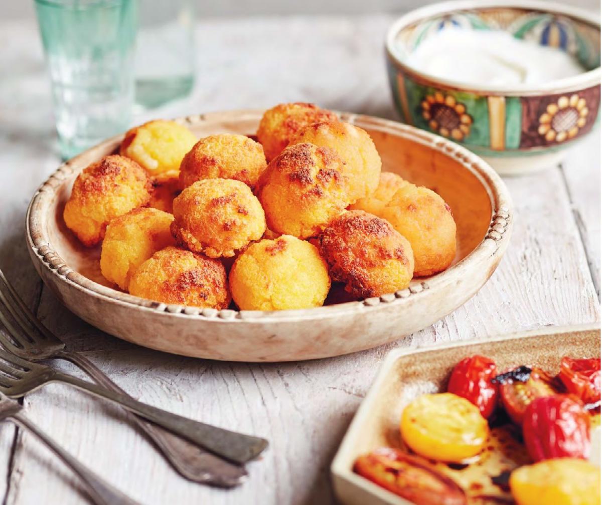 Oven-Baked Cheese Polenta Balls (Bulz) With Yogurt and Roasted Tomatoes
