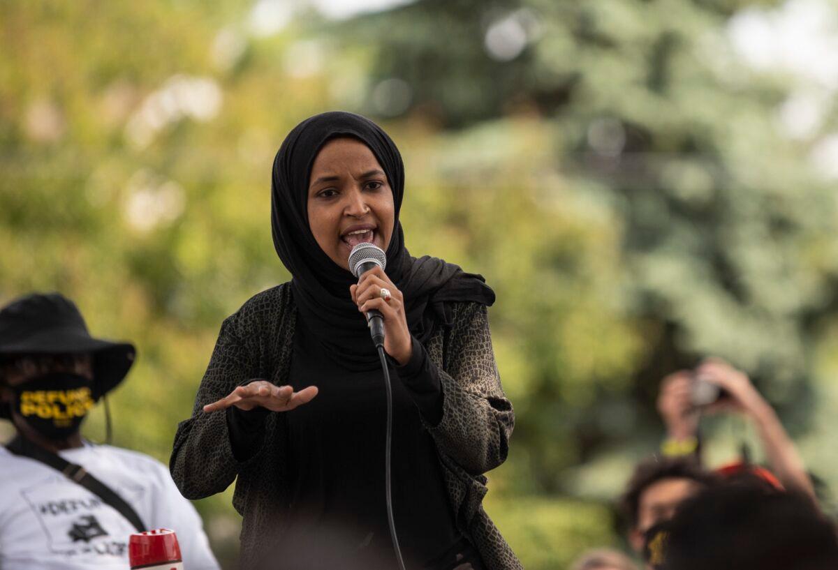 Rep. Ilhan Omar (D-Minn.) speaks to a crowd gathered for a march to defund the Minneapolis Police Department in Minneapolis, Minn., on June 6, 2020. (Stephen Maturen/Getty Images)