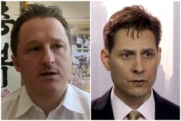 (L) Michael Spavor, director of Paektu Cultural Exchange, talks during a Skype interview in Yanji, China, on March 2, 2017. (R) Michael Kovrig, an adviser with the International Crisis Group, a Brussels-based non-governmental organization, speaks during an interview in Hong Kong on March 28, 2018. (AP Photo)