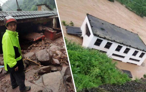 House is inundated by flood water, while a villager stands in front of his mudslide-buried house and truck in Yiliang county, Zhaotong city in Yunnan, China on July 1, 2020. (Provided to The Epoch Times by interviewee)